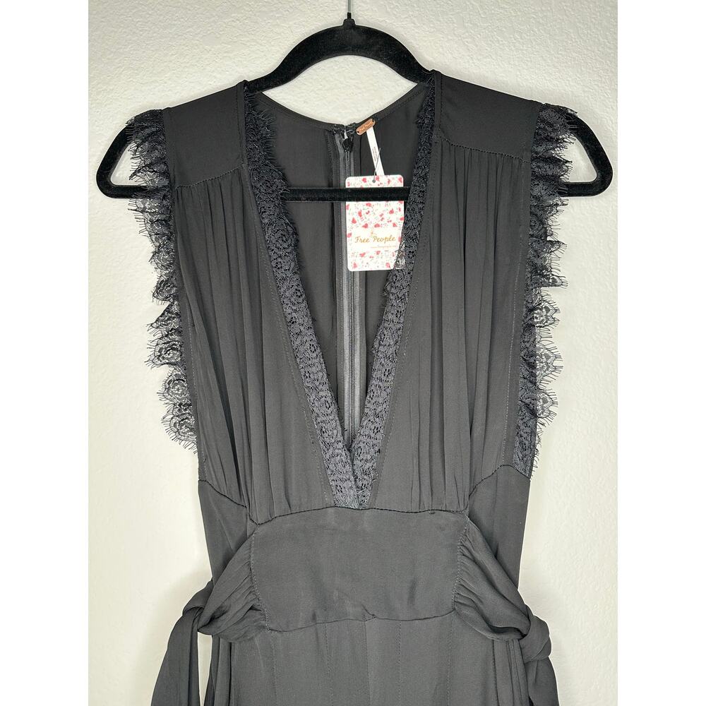 FREE PEOPLE CEM Black Sleeveless Lace Trim Deep V Cinch Waist Wide Leg Jumpsuit - Picture 9 of 14